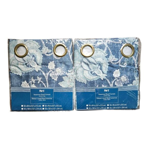 2 - Pier 1 Imports Somerton Blue Floral Paisley Curtain Panels 50" x 96" Grommet - Picture 1 of 8